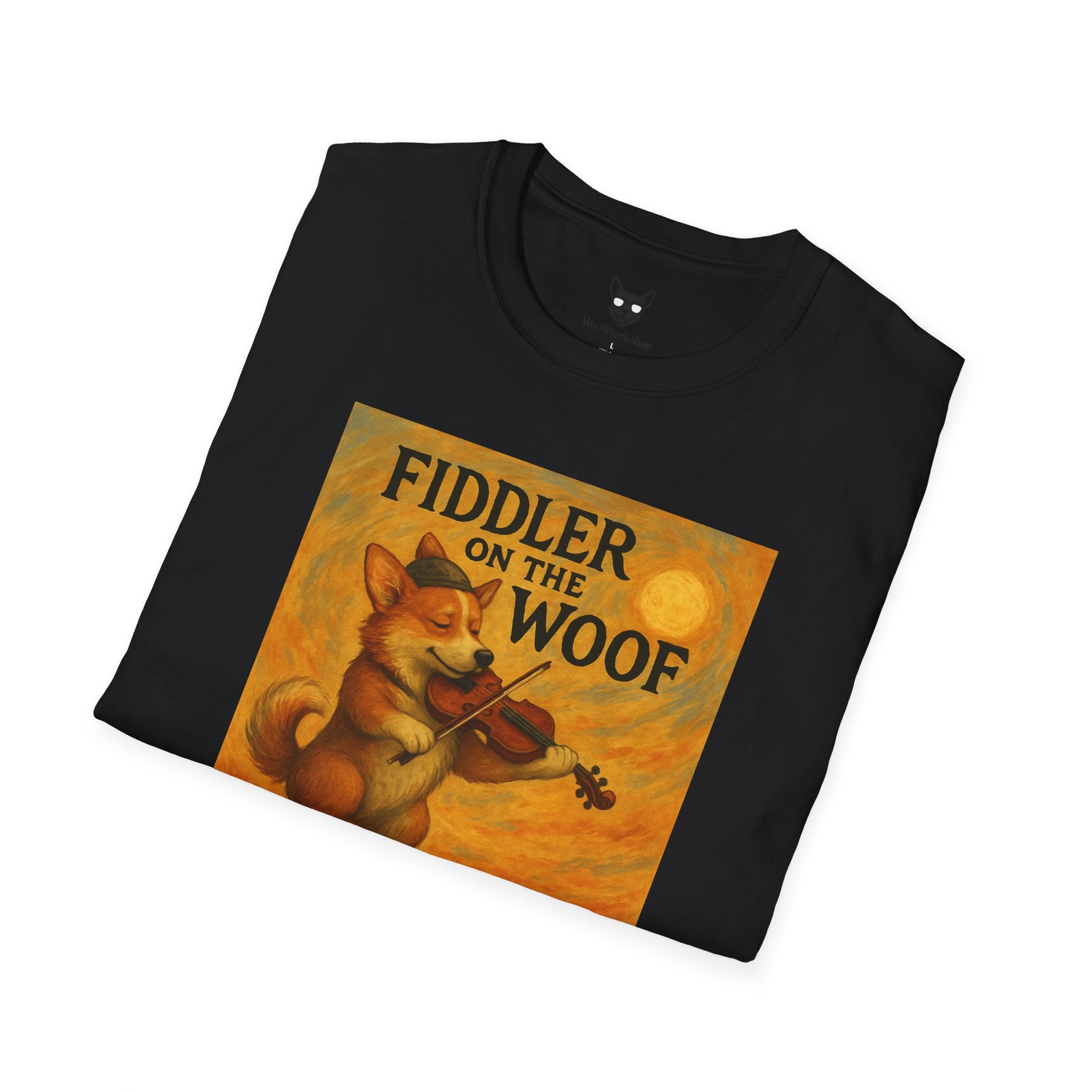 Fiddler on the Woof Broadway Poster Dog Parody Unisex Softstyle T-Shirt -- Funny Broadway Movie Tee for Theater and Dog Lovers